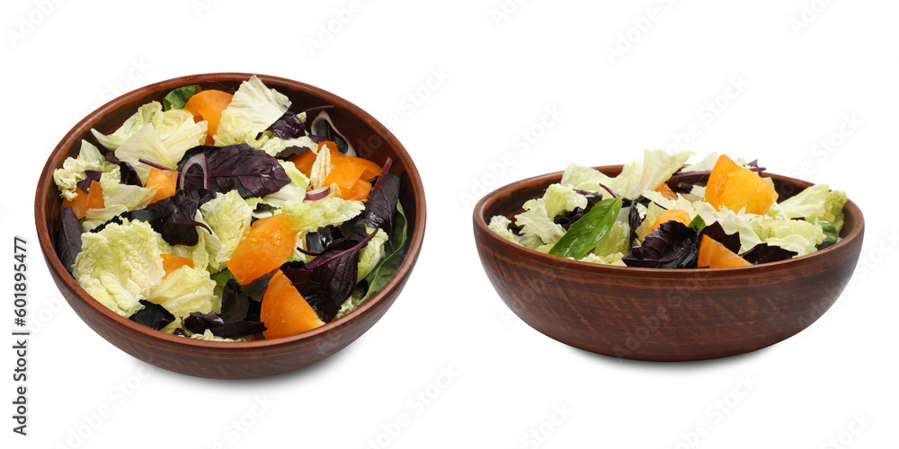 Bowls of delicious salad with Chinese cabbage, tomato and basil on white background Bowls of delicious salad with Chinese cabbage, tomato and basil on white background