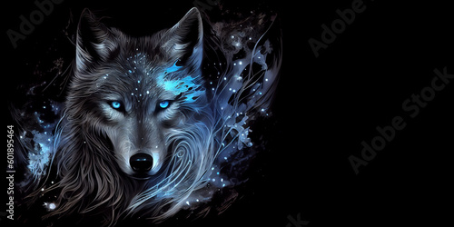 Mystical wolf with glowing eyes, in space style, on a black background with free space for any inscription or text. Generative AI