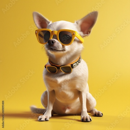 background dog wear cute yellow pet glasses animal puppy portrait chihuahua. Generative AI. © SHOTPRIME STUDIO