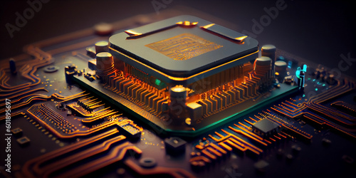 The microprocessor in the rays of light on the background of the electronic board. Generative AI