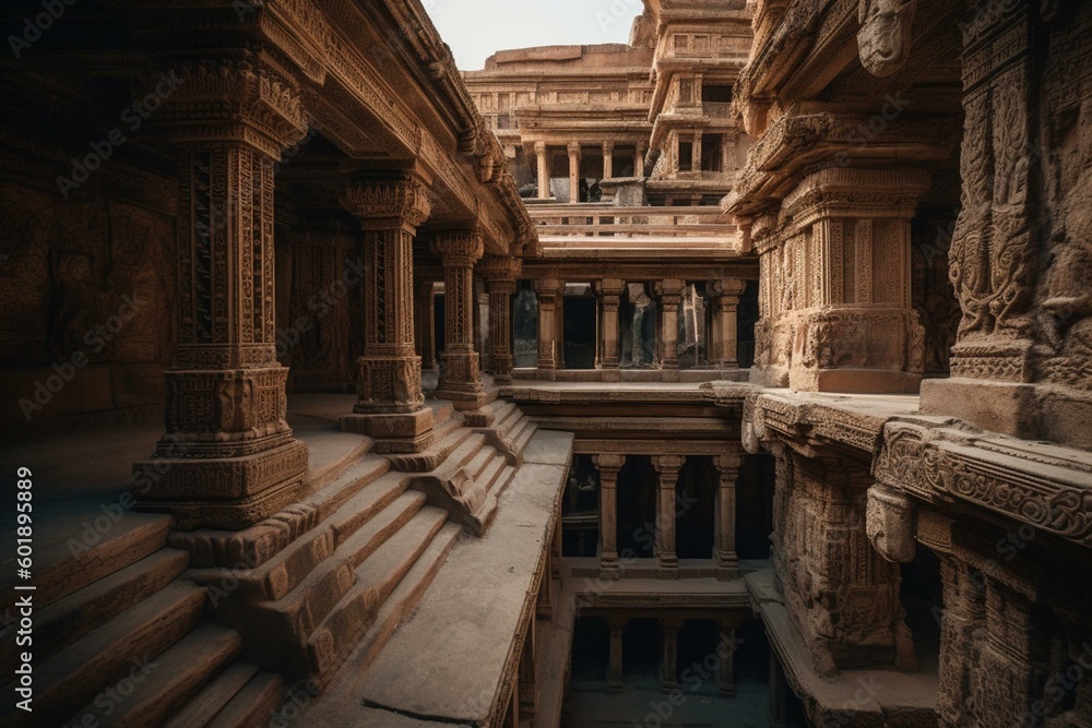 Ruins of historic metropolis, stunning staircase, detailed stone carvings, arches, & columns. Generative AI Ruins of historic metropolis, stunning staircase, detailed stone carvings, arches, & columns. Generative AI