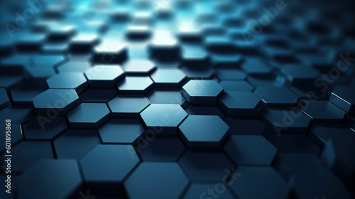 Abstract 3d rendering of futuristic surface with hexagons contemporary sci fi background with bokeh effect poster. Abstract blue hexagon background with depth of field. Generative AI