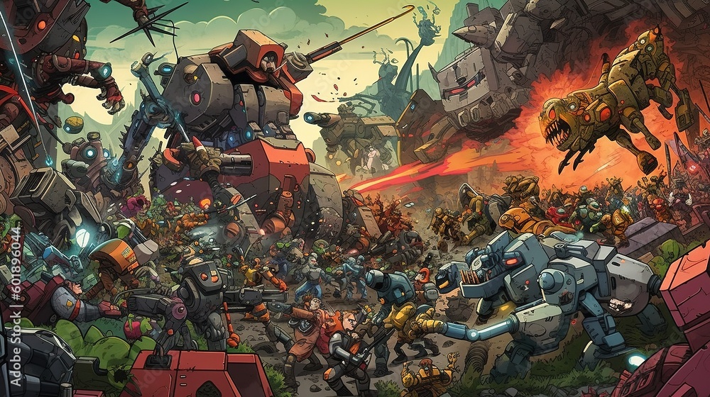 A comic-style illustration of a group of heroes battling an army of robots. Fantasy concept , Illustration painting. Generative AI A comic-style illustration of a group of heroes battling an army of robots. Fantasy concept , Illustration painting. Generative AI
