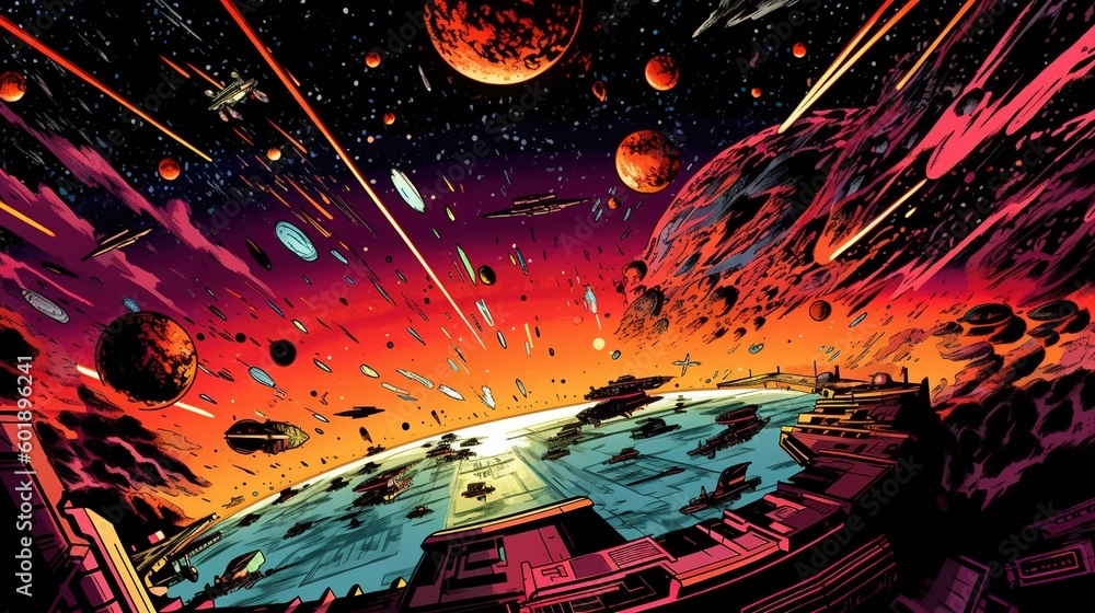 Obraz premium A comic-style illustration of a space battle between spaceships. Fantasy concept , Illustration painting. Generative AI