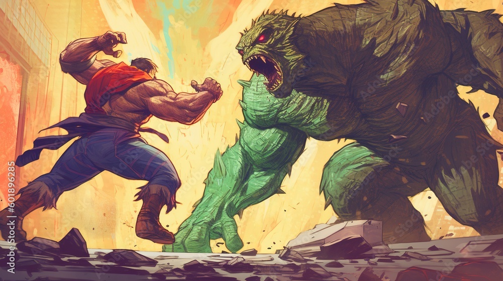 A comic-style illustration of a superhero fighting a monster. Fantasy concept , Illustration painting. Generative AI