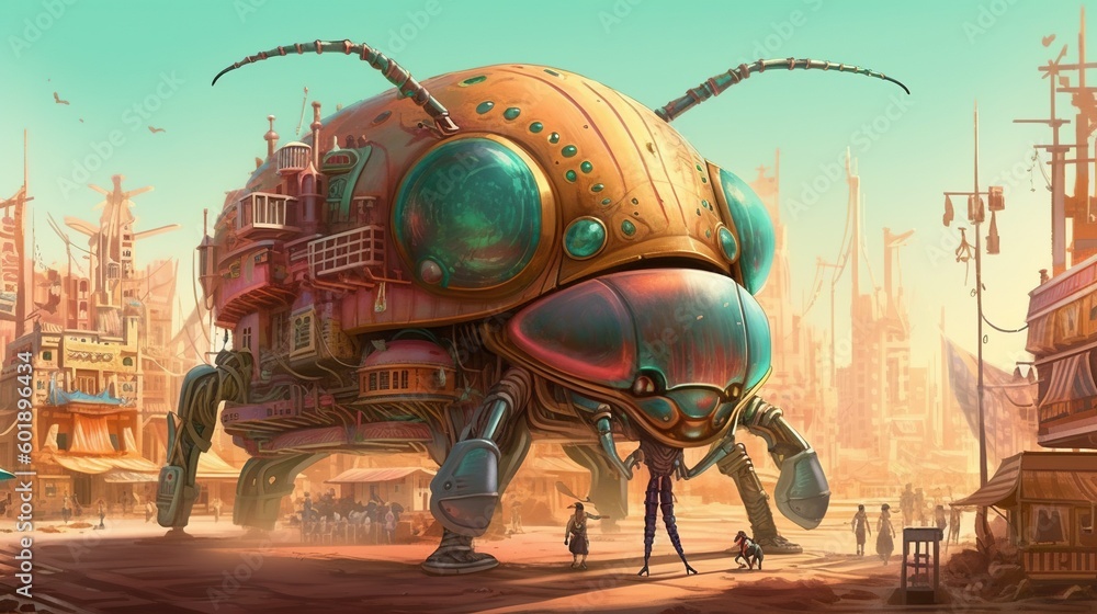 A city built on the back of a giant beetle. Fantasy concept , Illustration painting. Generative AI A city built on the back of a giant beetle. Fantasy concept , Illustration painting. Generative AI