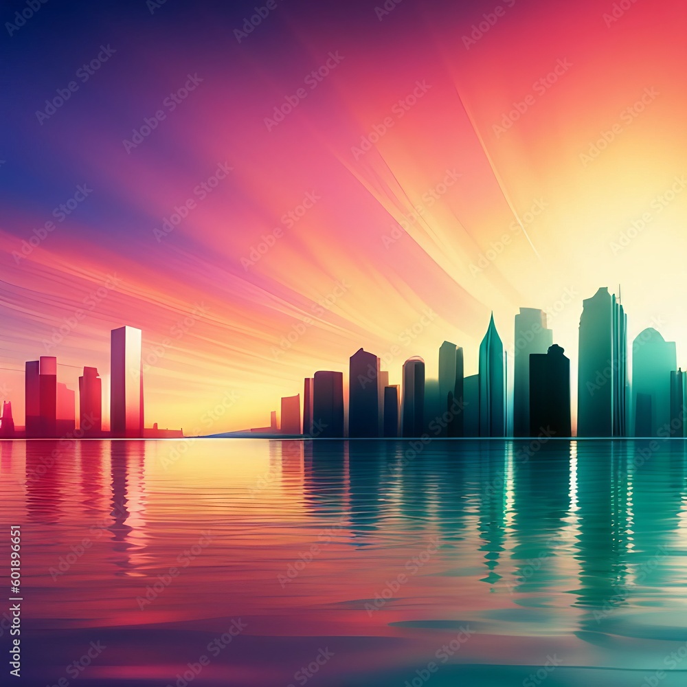 Fototapeta premium 美しい空と海と高層ビルの風景,Generative AI AI画像