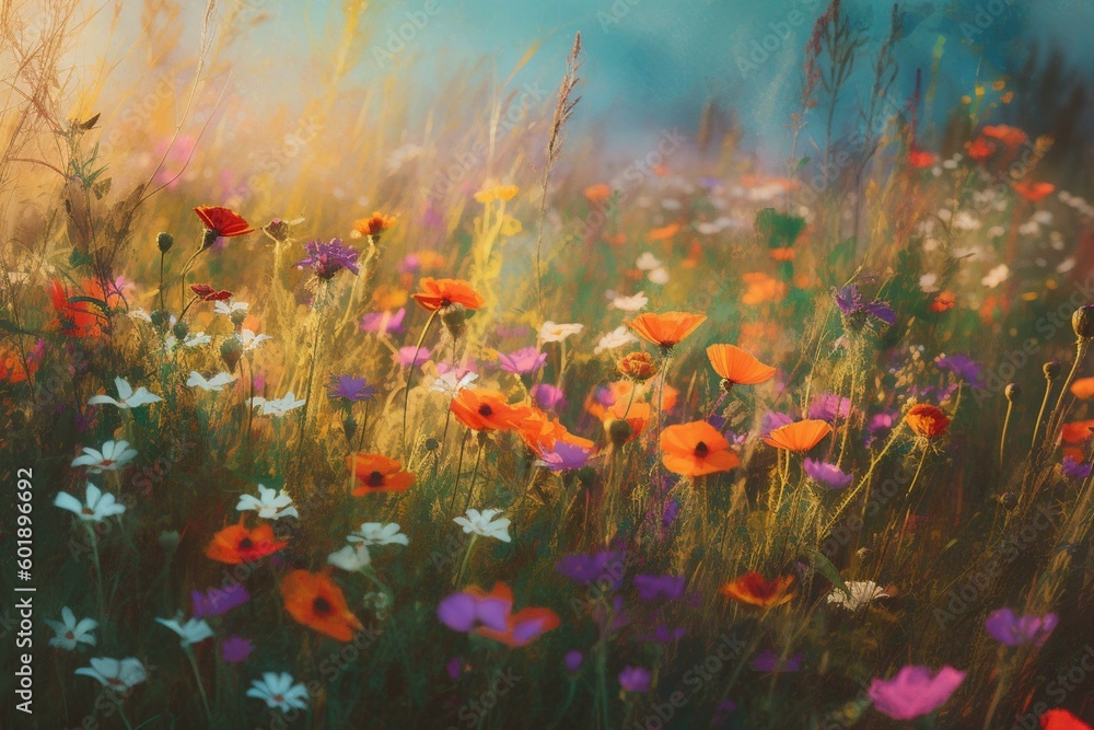 Vibrant oil painting of wildflowers in a blooming field on canvas with modern impressionism style. Generative AI