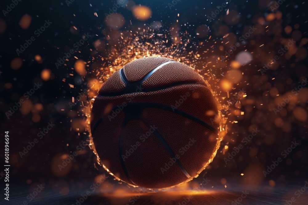 Basketball with swirling particles on spot-lit background. 3D illustration. High-quality render. Generative AI