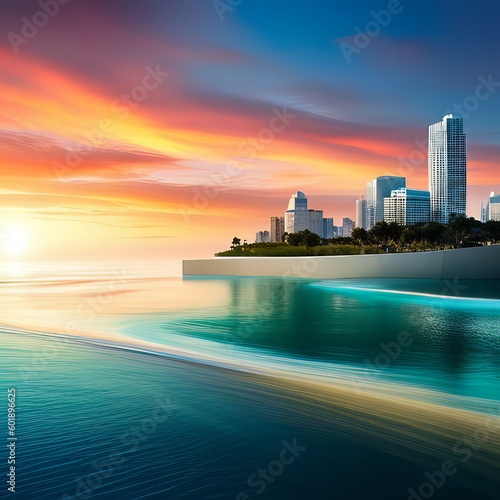 美しい空と海と高層ビルの風景,Generative AI AI画像