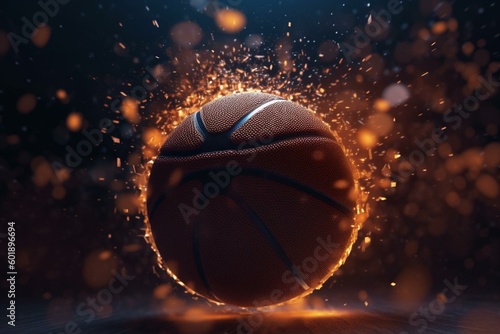 Basketball with swirling particles on spot-lit background. 3D illustration. High-quality render. Generative AI © Zoe