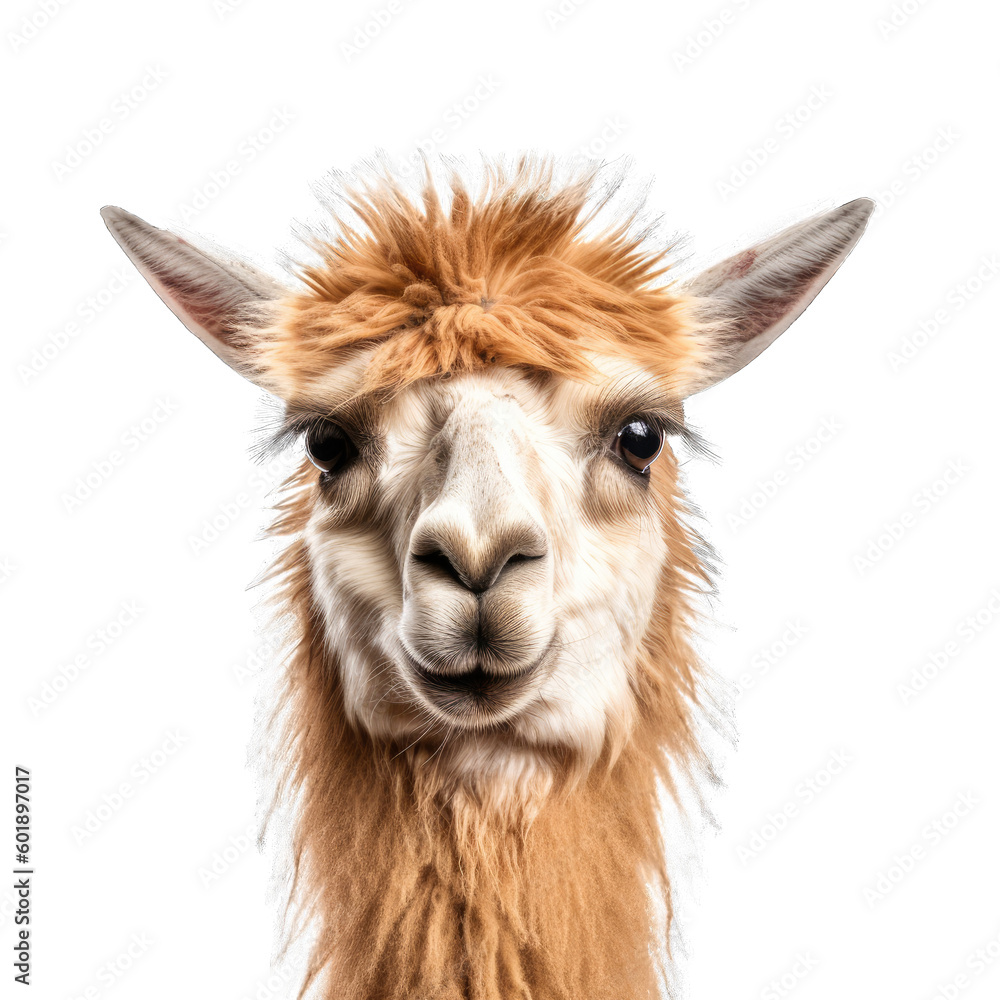 Fototapeta premium Llama Face Shot Isolated on Transparent Background - Generative AI 