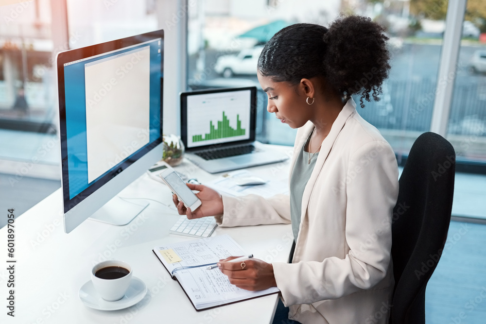 Business woman with phone, notebook and schedule at desk with calendar app and daily agenda at corporate agency. Professional female person writing in diary, check mobile and planning tasks in office Business woman with phone, notebook and schedule at desk with calendar app and daily agenda at corporate agency. Professional female person writing in diary, check mobile and planning tasks in office