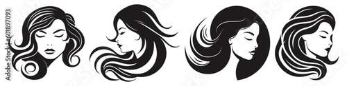 Pack, set of Portrait of beautiful girl with a white hairstyle, a woman in profile, isolated outline silhouette