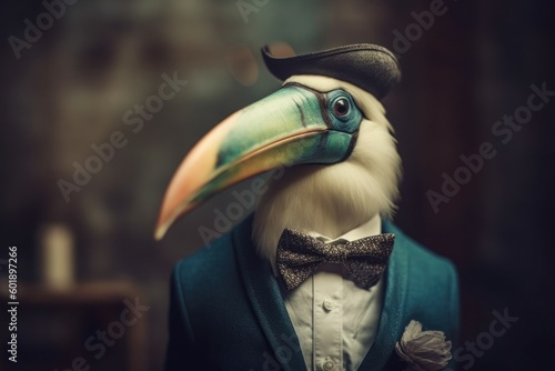 Anthropomorphic toucan dressed in a suit like a businessman. Business Concept. AI generated, human enhanced