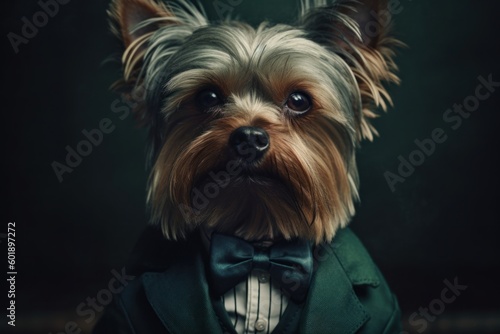 Anthropomorphic Yorkshire terrier dog dressed in a suit like a businessman. Business Concept. AI generated