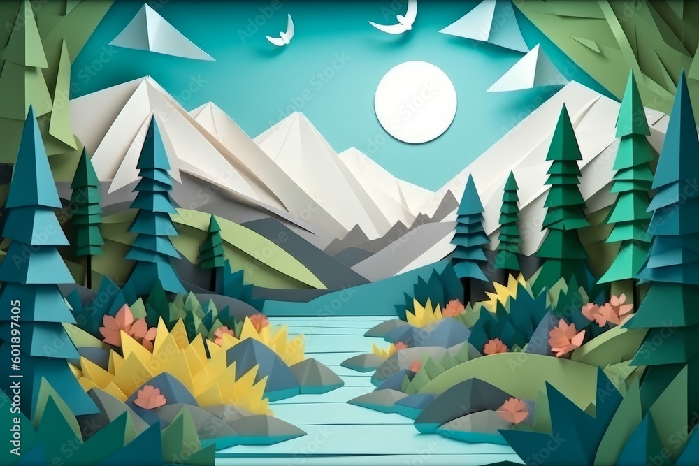 Abstract landscape made of paper, handmade. Ecology concept. AI generated, human enhanced. Abstract landscape made of paper, handmade. Ecology concept. AI generated, human enhanced.