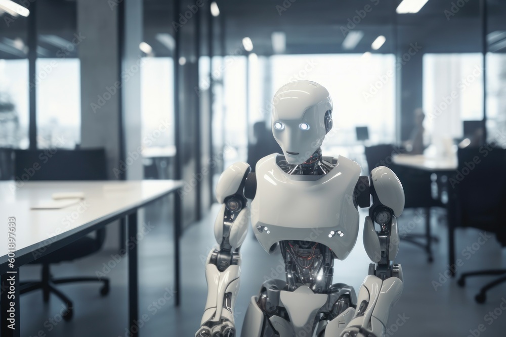 Robot working at computer among people. AI generated, human enhanced Robot working at computer among people. AI generated, human enhanced