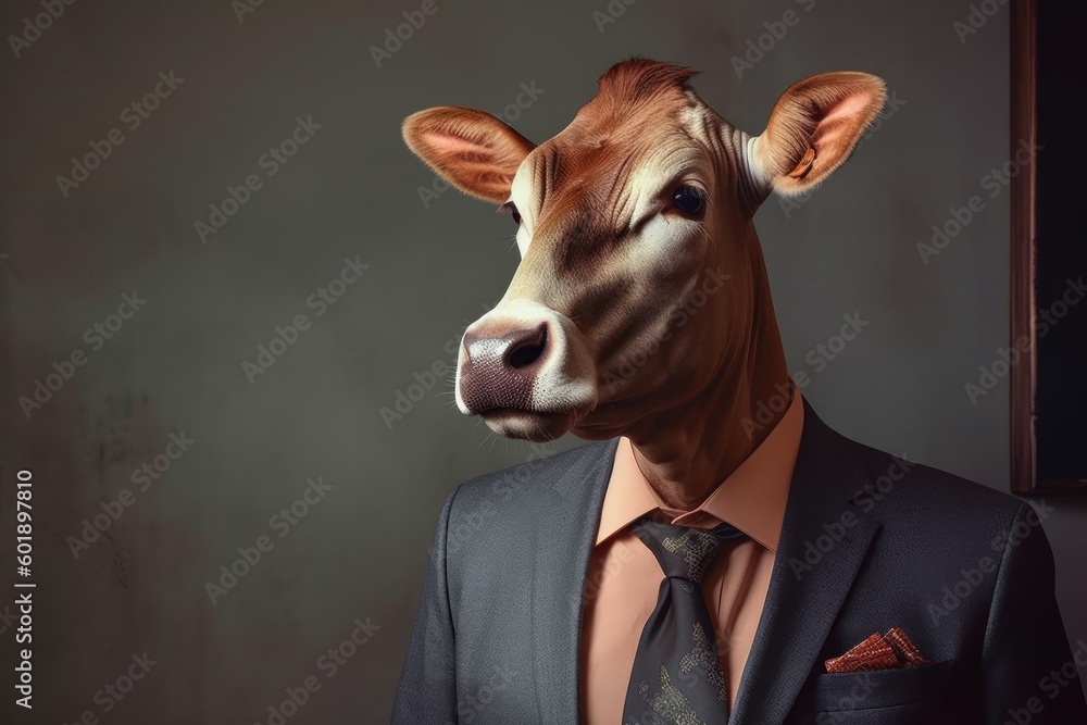 Anthropomorphic cow dressed in a suit like a businessman. business concept. AI generated, human enhanced - obrazy, fototapety, plakaty 