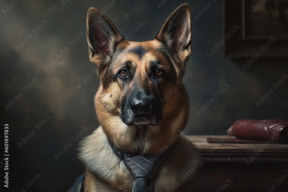Anthropomorphic German Shepherd dog dressed in a suit like a businessman. business concept. AI generated, human enhanced Anthropomorphic German Shepherd dog dressed in a suit like a businessman. business concept. AI generated, human enhanced