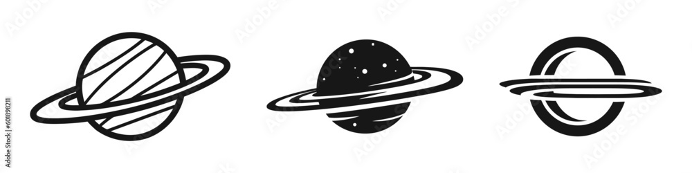 Planet icon set, outlines, in black. Black vector planets on white