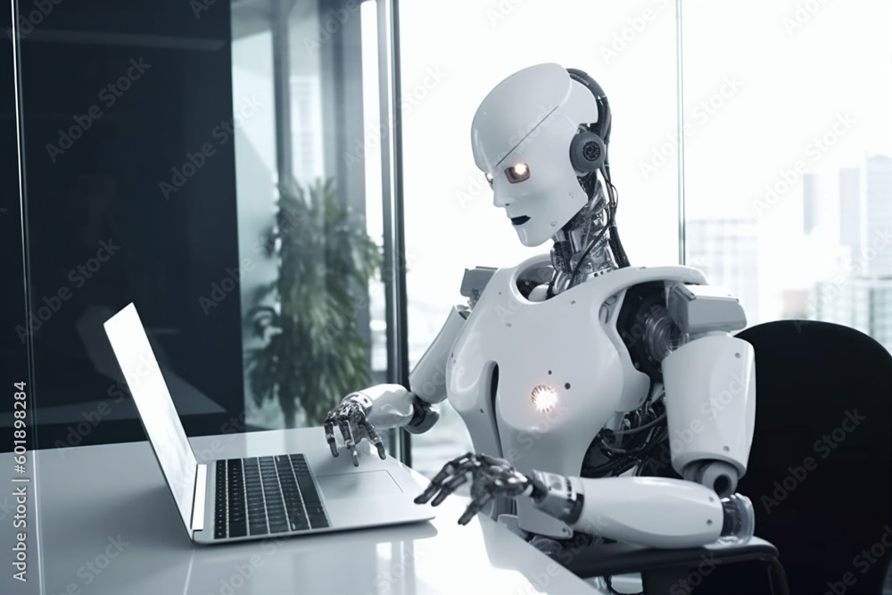 artificial digital office document laptop ai technology paper hand robot. Generative AI. artificial digital office document laptop ai technology paper hand robot. Generative AI.