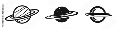 Planet icon set, outlines, in black. Black vector planets on white background.