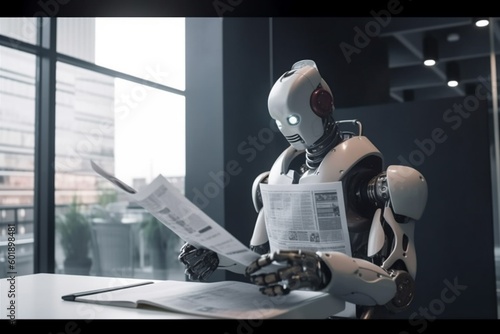 paper hand ai digital technology artificial laptop office robot document. Generative AI. © SHOTPRIME STUDIO