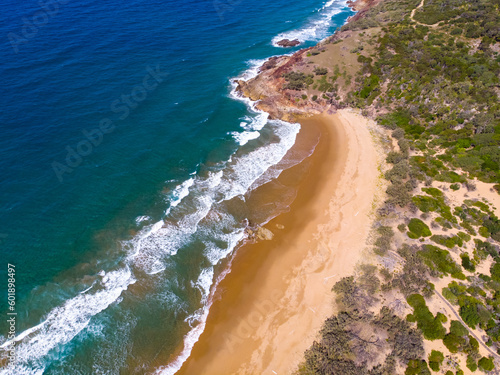 aerial view of beautiful beaches and cliffs at agnes water coast near the town of 1770 in gladstone region, queensland, australia; pristine beaches and unique sandy bays