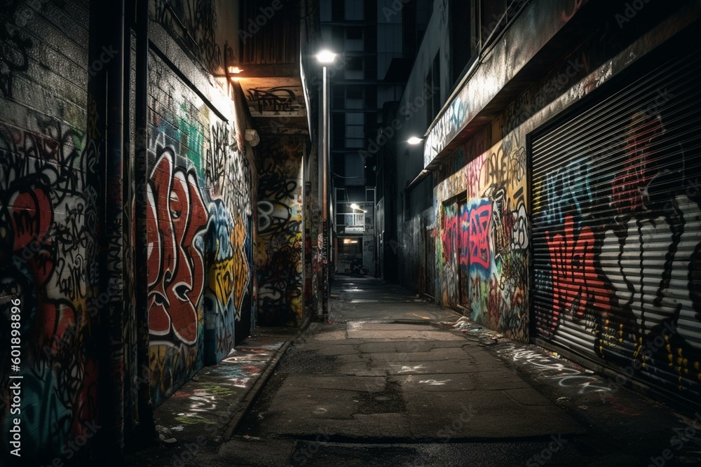 A dark alley with graffiti-covered walls and dim lighting. Generative AI