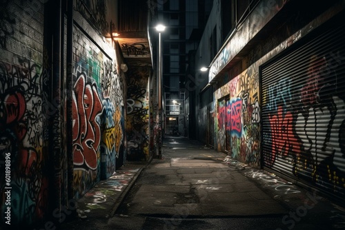 A dark alley with graffiti-covered walls and dim lighting. Generative AI
