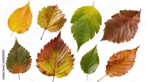 Various deciduous leaves isolated on transparent or white background. Generative AI.
