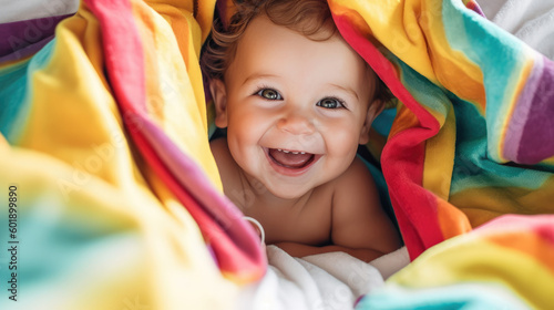Wallpaper Mural A happy baby hiding under a pile of colorful towels by generative AI Torontodigital.ca