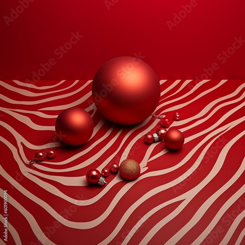 Unas esferas navideñas rojas, sobre un fondo rojo que haga contraste con el color de las esferas, acomodadas de manera simetrica
