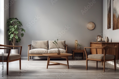 Wooden furniture in a contemporary living room with a blank wall as a backdrop. Generative AI