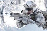 Special forces soldier with assault rifle in winter forest. Generative AI. 