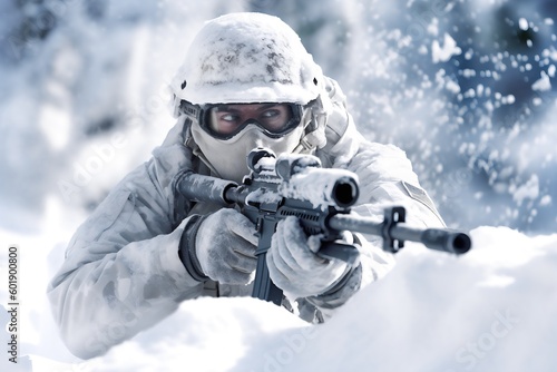 Portrait of a special forces soldier in winter forest with assault rifle. Generative AI.