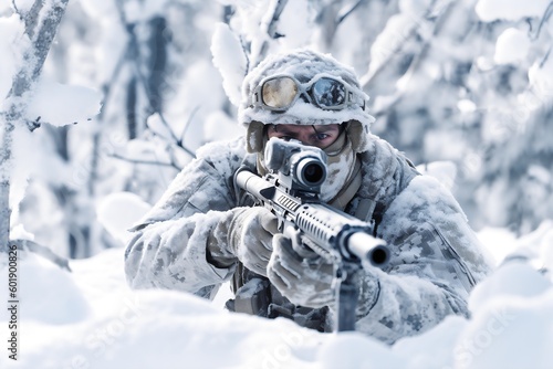 Portrait of a special forces soldier with assault rifle in the winter forest. Generative AI.
