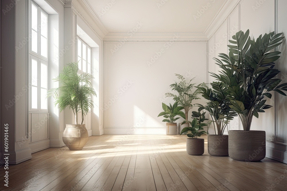 White walls in an empty room with lovely plants lying on their sides on the floor. Generative AI White walls in an empty room with lovely plants lying on their sides on the floor. Generative AI