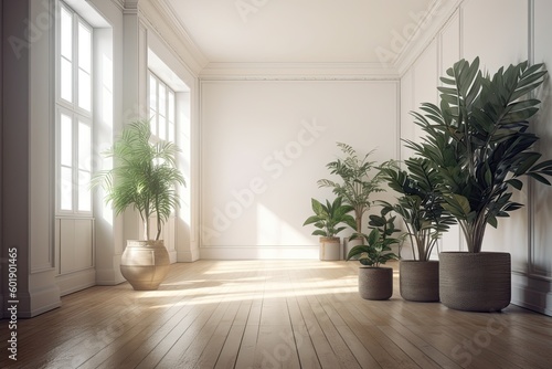 White walls in an empty room with lovely plants lying on their sides on the floor. Generative AI © Vusal