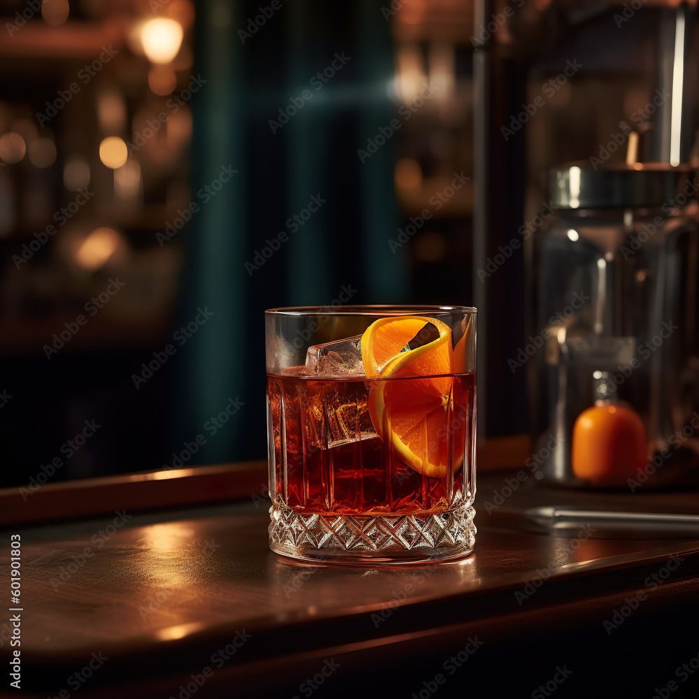 Americano cocktail served in an old-fashioned glass with an orange slice garnish. A glass of ice americano in the background of a classic Italian bar. Realistic 3D illustration. Generative AI