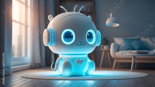 A very cute white robot with neon glowing blue eyes with a heart sits on a carpet on the floor in a cozy room by the window. Generative AI photo