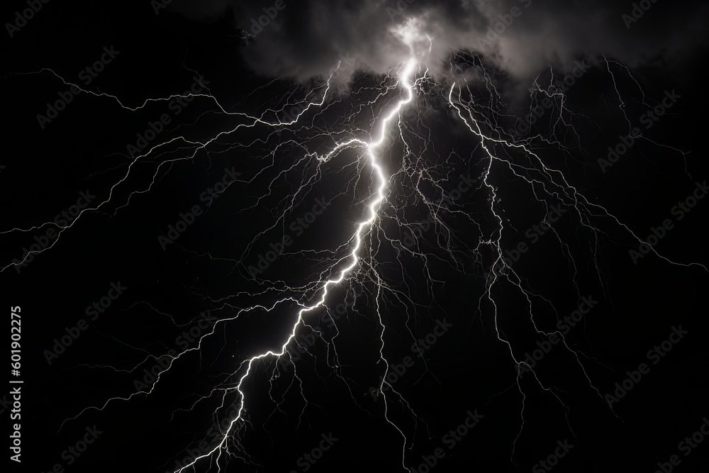 Lightning strike on black background stormy sky made with generative AI Lightning strike on black background stormy sky made with generative AI