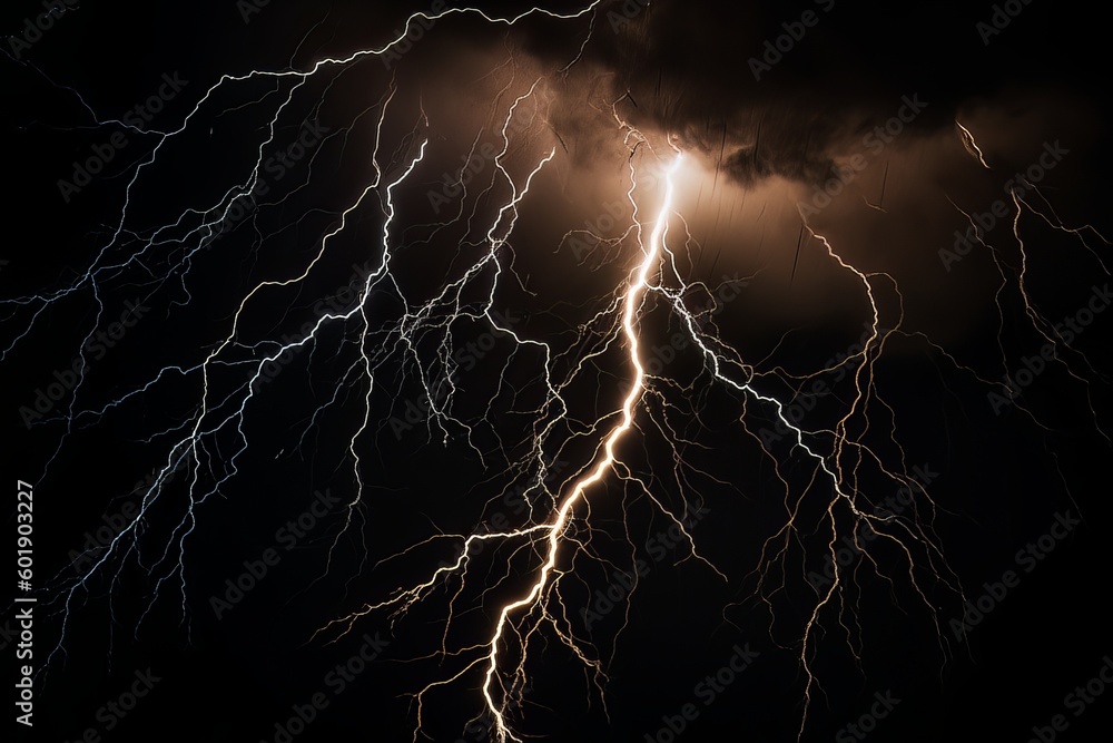 Lightning strike on black background stormy sky made with generative AI Lightning strike on black background stormy sky made with generative AI