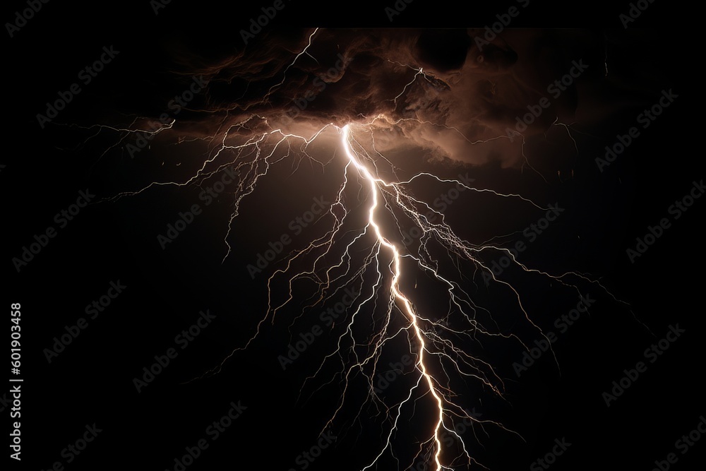 Lightning strike on black background stormy sky made with generative AI Lightning strike on black background stormy sky made with generative AI