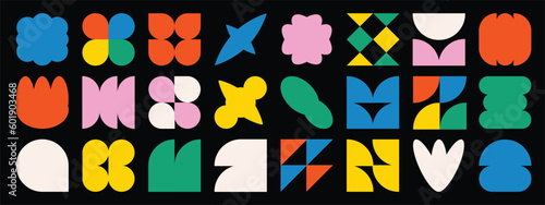 Set of abstract retro geometric shapes vector. Collection of contemporary figure, flower, stars in 70s groovy style. Bauhaus Memphis design element perfect for banner, prints, stickers, decor.