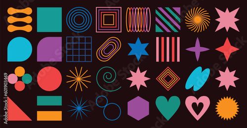 Set of abstract retro geometric shapes vector. Collection of contemporary figure, heart, line, stars in 70s groovy style. Bauhaus Memphis design element perfect for banner, prints, stickers, decor.