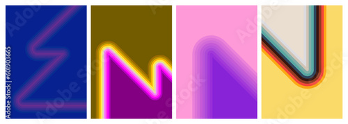 Retro 70s Lines Backgrounds Set. Trendy Minimalistic Vintage 1970s striped design poster. Groovy Old-fashioned rainbow color artwork template collection.