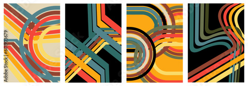 Retro 70s Lines Backgrounds Set. Trendy Minimalistic Vintage 1970s striped design poster. Groovy Old-fashioned rainbow color artwork template collection.