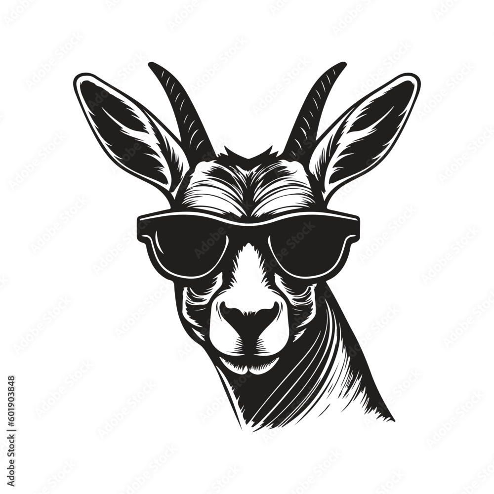 springbok wearing sunglasses, vintage logo line art concept black and white color, hand drawn illustration - obrazy, fototapety, plakaty 